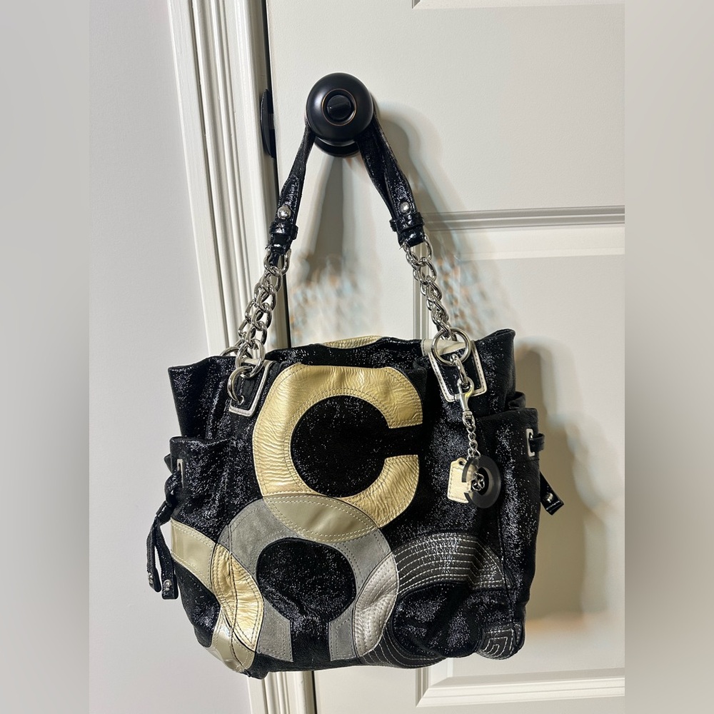 Coach Peyton Inlaid C black patent leather tote bag nickel hardware with hangtag